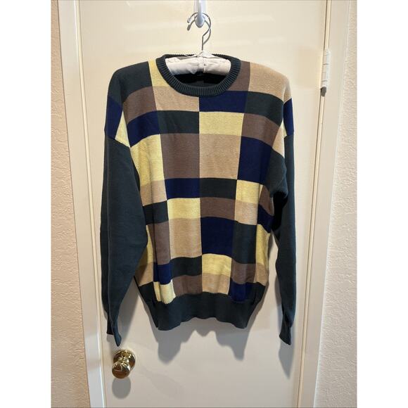 Vintage Orvis Sweater Mens Sz Med Men’s Colorblock Knit Cotton Green Yellow Tan - Picture 2 of 8